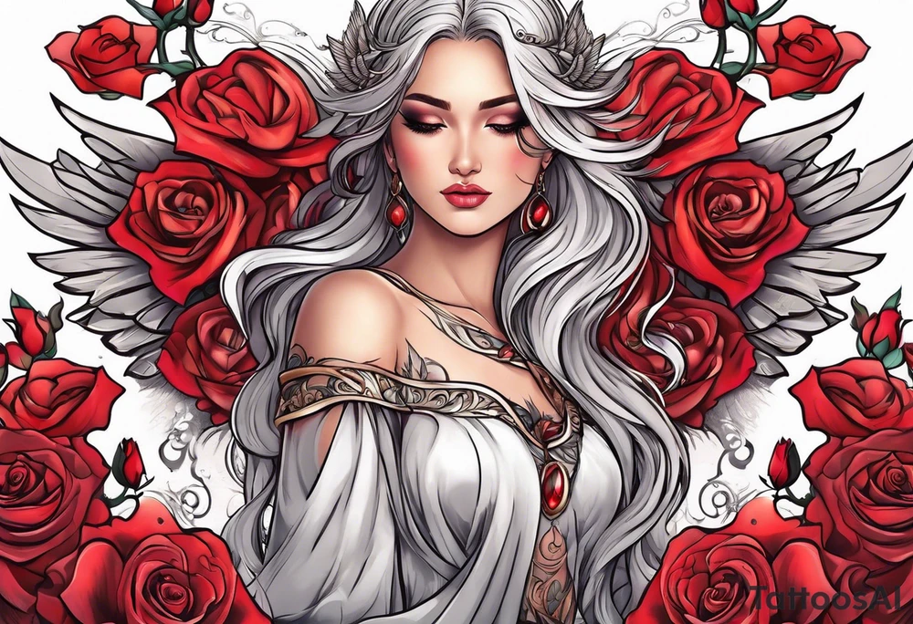 Beautiful woman angle with wings surrounded by roses tattoo idea