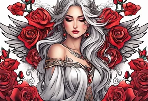 Beautiful woman angle with wings surrounded by roses tattoo idea