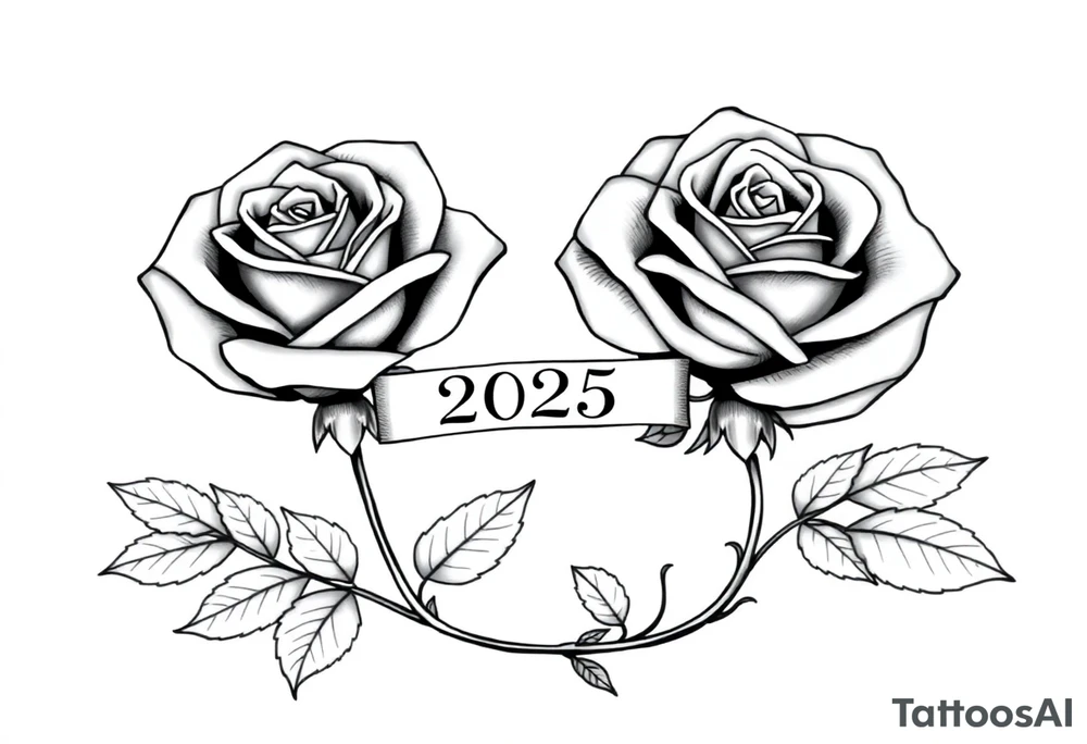 two beautiful large rose buds, one larger than the other, with many leaves next to the rose buds, with one sitting higher than the other. Include a banner connecting the two roses with the year "2025" on it.   Use dark outlines with little shading. The two stems should be short, not long, and connect and join into one stem, whimsically curved or twisted - not straight down. tattoo idea