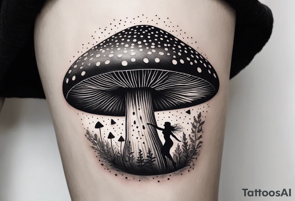 woman dancing around a mushroom tattoo idea