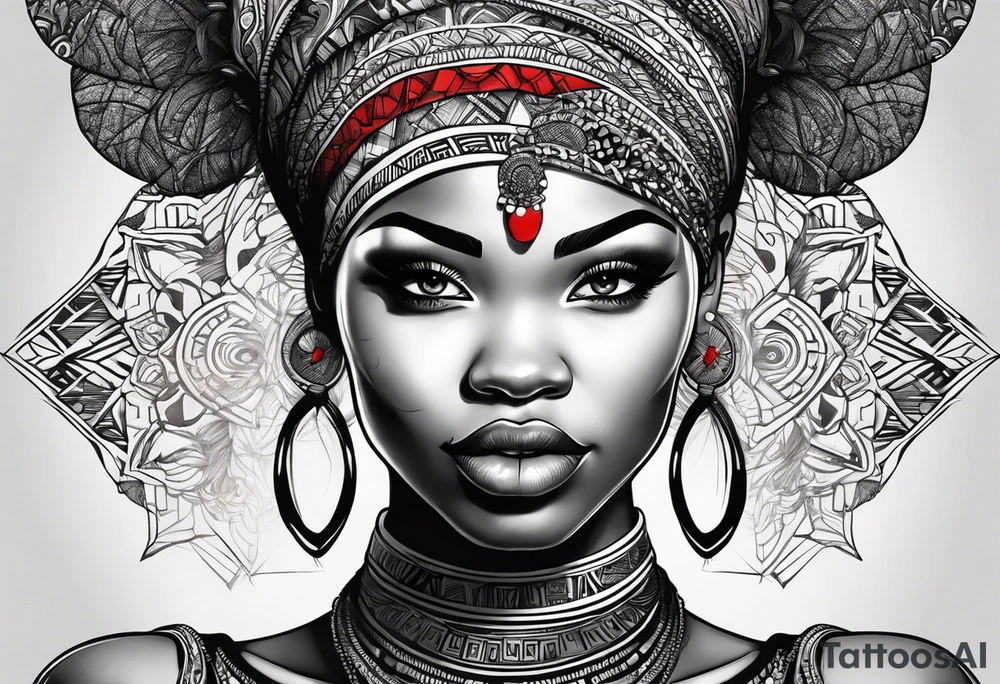 exu africano realista em preto e cinza com tons de vermelho tattoo idea