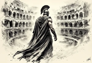 Powerful gladiator roman soldier view back standing full body provocative surrounded in interior colosseum combat sword helmet cape sand wind tattoo idea