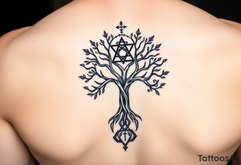 geometrical mystical tree of life with the star of David and cross cosmic roots and celestial symbols branches with HIV-positive symbol at bottom tattoo idea