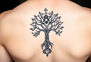 geometrical mystical tree of life with the star of David and cross cosmic roots and celestial symbols branches with HIV-positive symbol at bottom tattoo idea