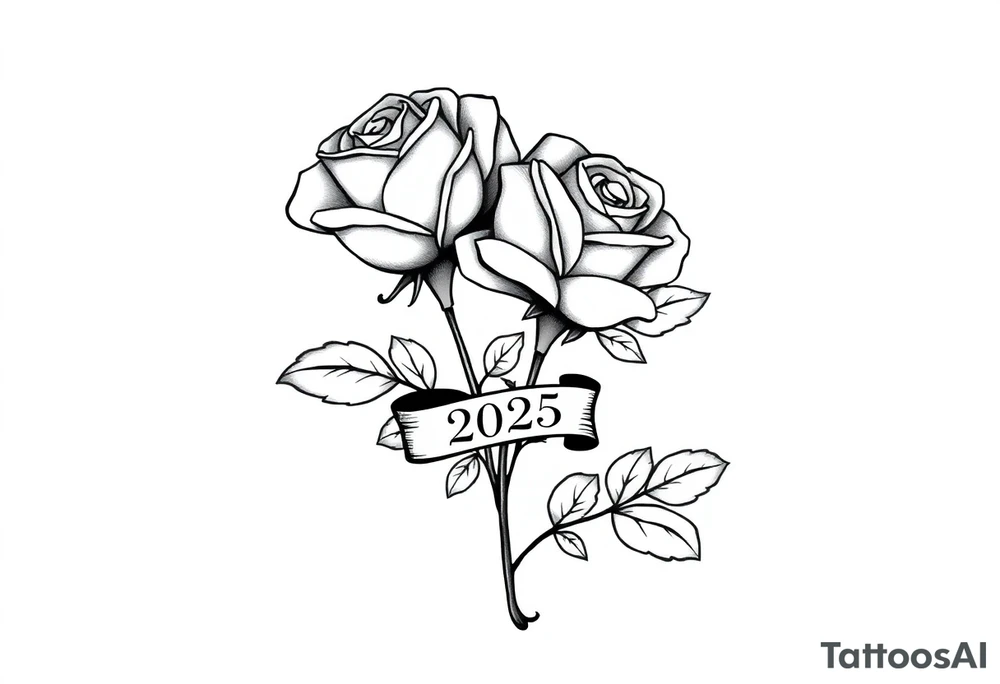 two beautiful large rose buds, one larger than the other, with many leaves next to the rose buds, with one sitting higher than the other. Include a banner connecting the two roses with the year 2025 on it.   Use dark outlines with little shading. The two stems should be short, not long, and connect and join into one stem, whimsically curved or twisted - not straight down. tattoo idea