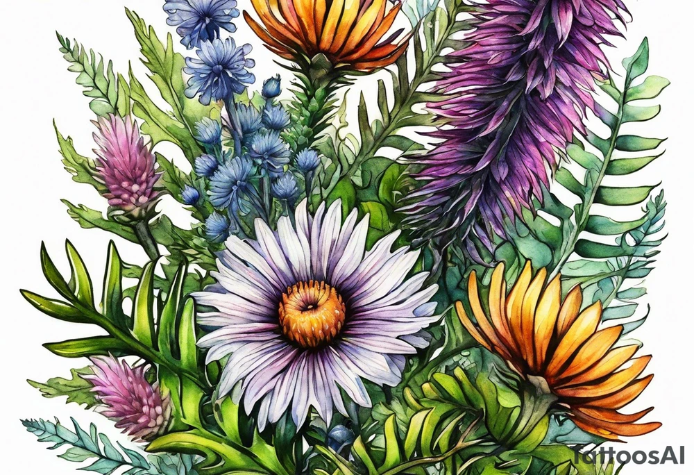 small vertical mixed wildflower bouquet with ferns, thistle and with watercolor tattoo idea