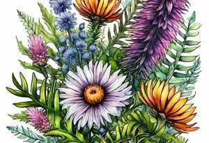 small vertical mixed wildflower bouquet with ferns, thistle and with watercolor tattoo idea