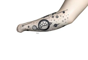 Galaxy stars planets comets shooting stars on full leg tattoo idea