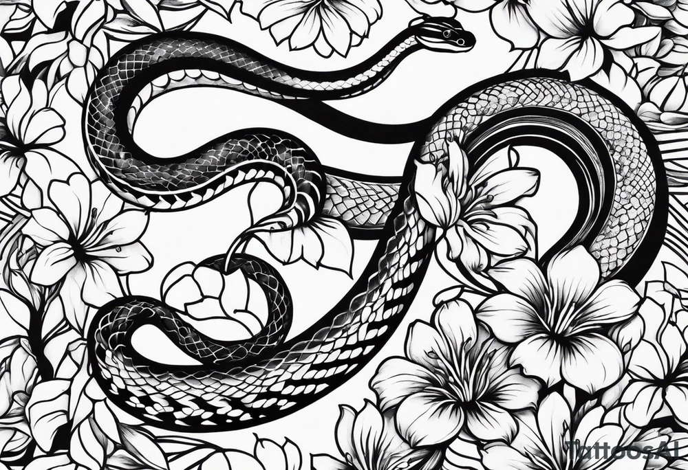 small simple snake with large flowers and long vines extending up and down tattoo idea