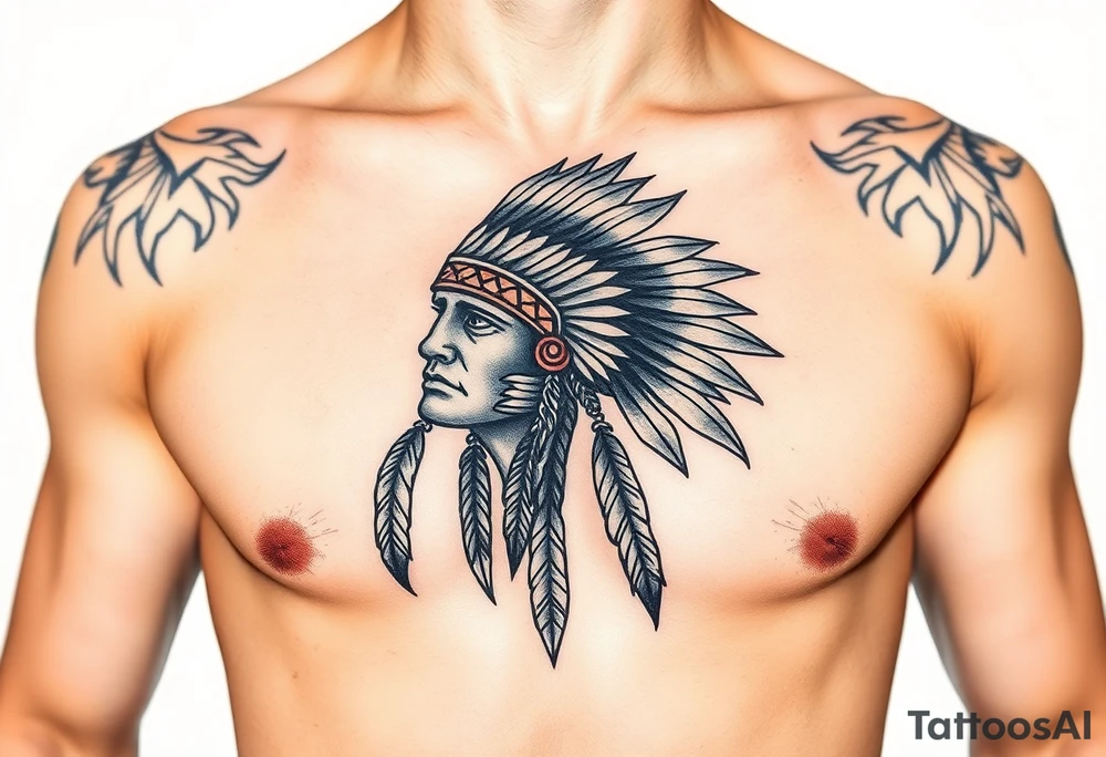Native American chest in full color male left peck tattoo idea