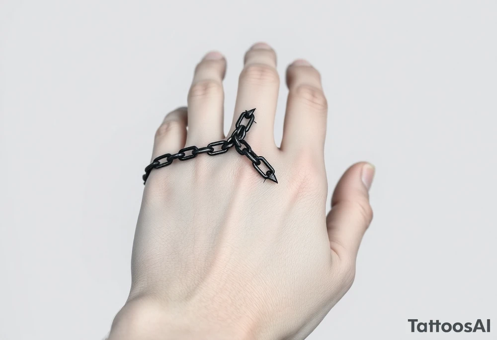 Gothic chains wrapped around outline of hand on the the index finger and connected to the thumb tattoo idea