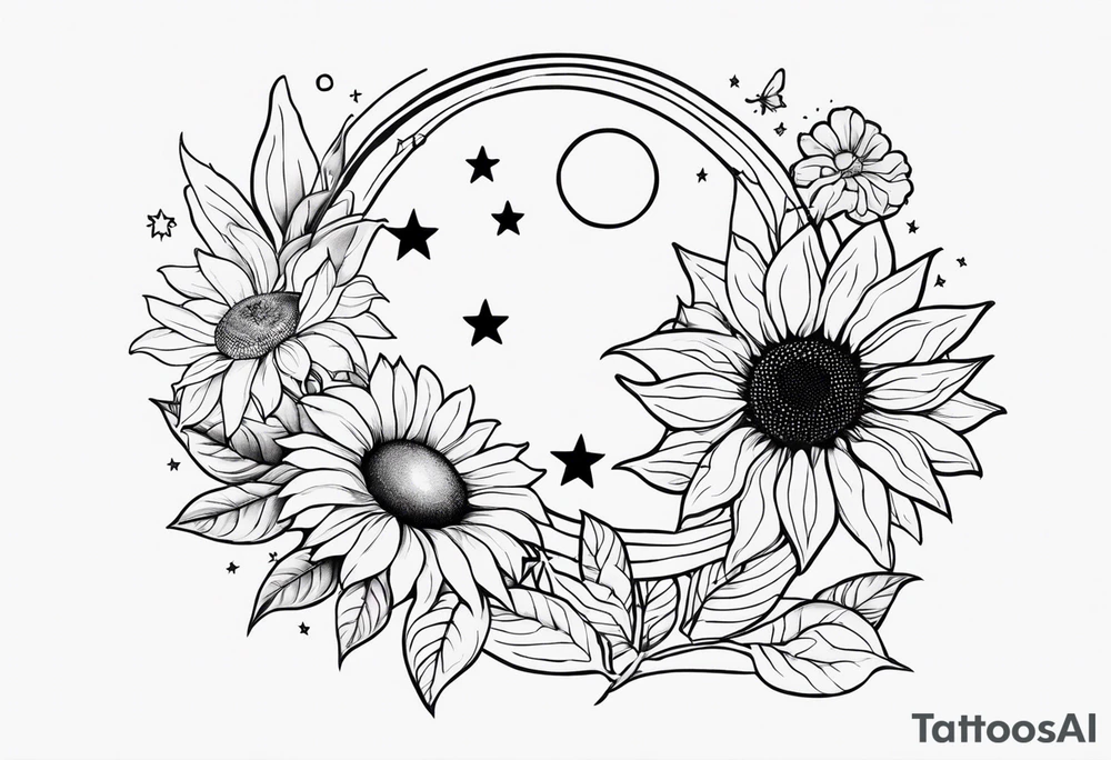 Zodiac sign Cancer, moon, sunflower, flowers, fairy, love, kind, fierce, sun, caring, butterfly, stars tattoo idea