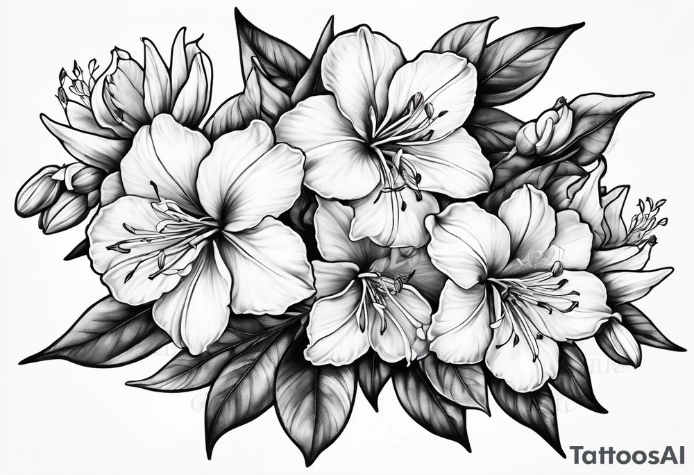 5-petal azaleas with buds along a long branch tattoo idea