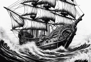 Pirat ship on the sea a sirene and a skull tattoo idea