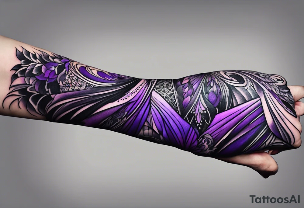 lines around wrist, abstract, black and purple, covered from wrist to forearm, fully covered, no borders, blackwork, no people tattoo idea