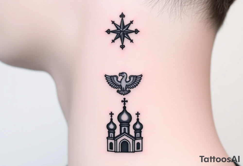 Stacked Vertical Column 

Russian star — small, bold
Middle: Miniature double-headed eagle — simplified, cleaner lines to suit the smaller space
Bottom: Orthodox church dome(s) with a small Virgin Mary silhouette beneath tattoo idea