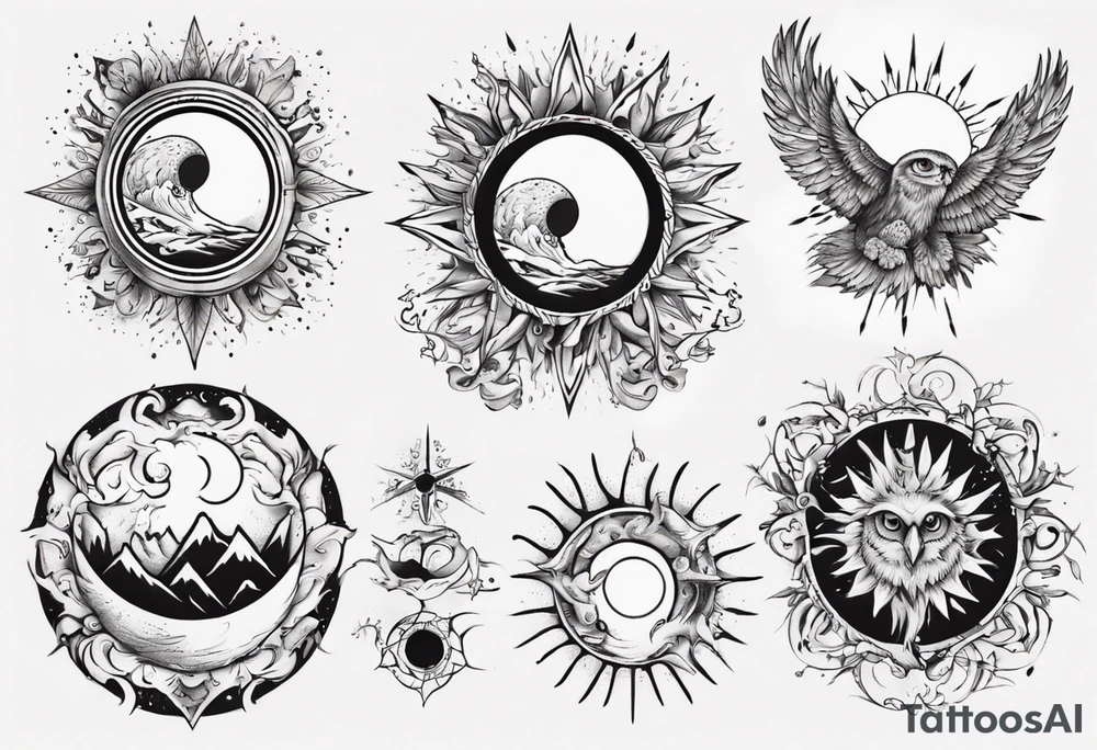 Mond und Sonne mit Eule und Wassermann tattoo idea