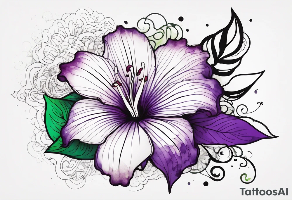 A mystical outline of a rio dipladenia flower and a green/purple watercolor splash in the background tattoo idea