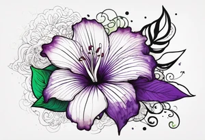 A mystical outline of a rio dipladenia flower and a green/purple watercolor splash in the background tattoo idea