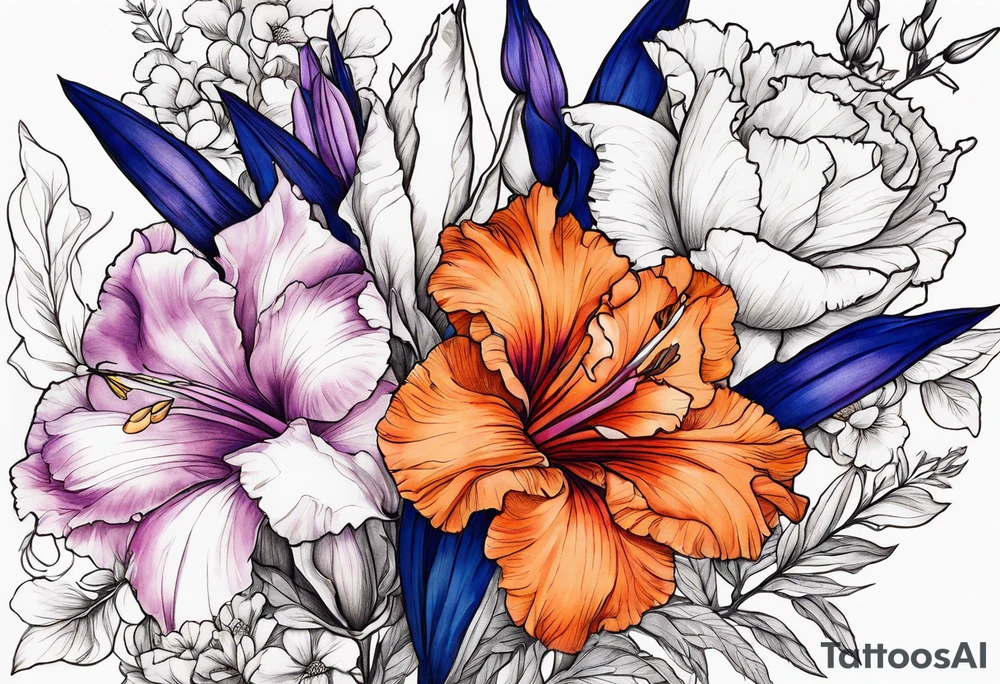 floral tattoo of purple gladiolus flowers, pink peonies, red hawthorns, orange marigold, navy blue sweet peas, and white paper white narcissus tattoo idea