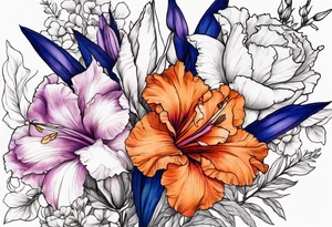 floral tattoo of purple gladiolus flowers, pink peonies, red hawthorns, orange marigold, navy blue sweet peas, and white paper white narcissus tattoo idea