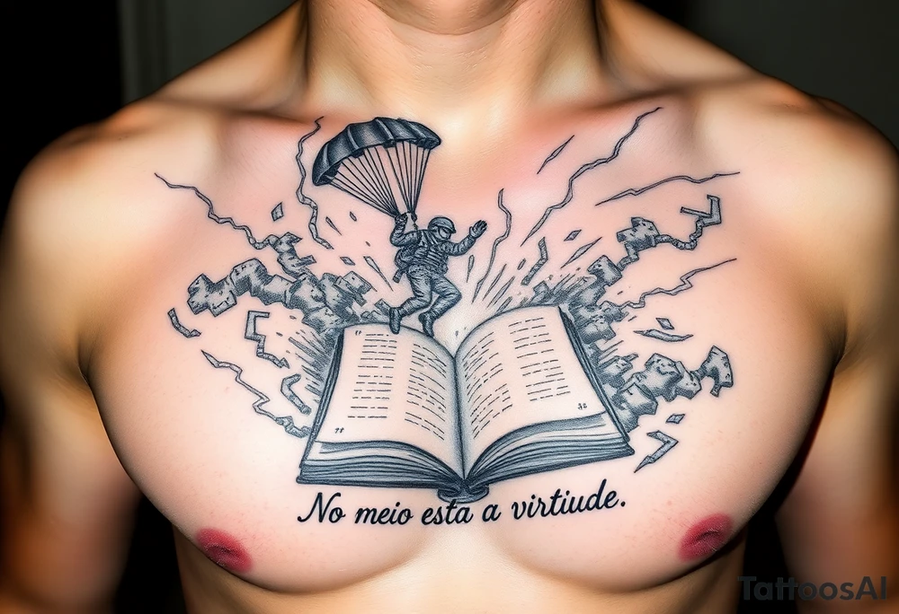 A parachuting soldier landing into an open book. Chaos surrounding, but the book is protecting the soldier from it. On the chest. Make it smaller. Make it thought provoking. "No meio esta a virtude" underneath the book. Make the chaos in the environment be a thunderstorm tattoo idea