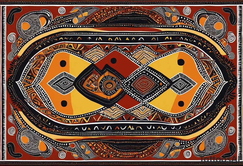 Ornement en longueur du coude à mi bras. Forme géométrique en longueur avec des signes aborigène australiens désignant les kangourous, la vie. Puis dessiner un soleil, des vagues et des feuilles en rapport à l’Australie ou Bali. tattoo idea