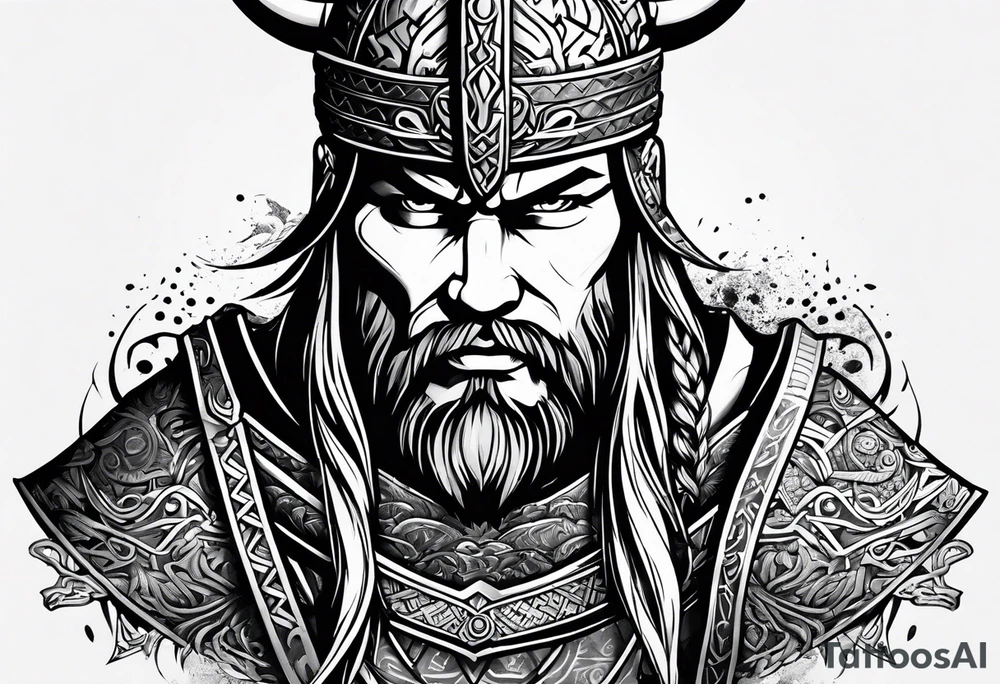 half face of a viking and half face of samurai tattoo idea