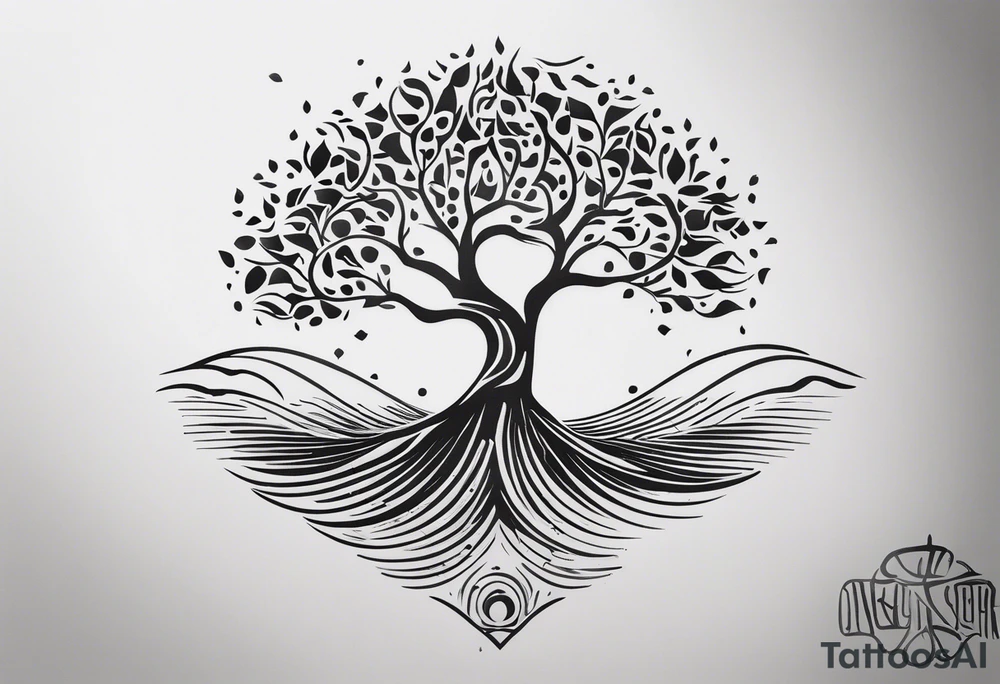 A tattoo design that incorporates the following elements: an abstract tree of life that has roots emerging  from the ground. Waves of water encapsulate the tree and wind around it in an organic way.  Incorporate music.   the letters U and A are overlapping and engraved into the tree. The game of golf incorporated but not prominent. tattoo idea