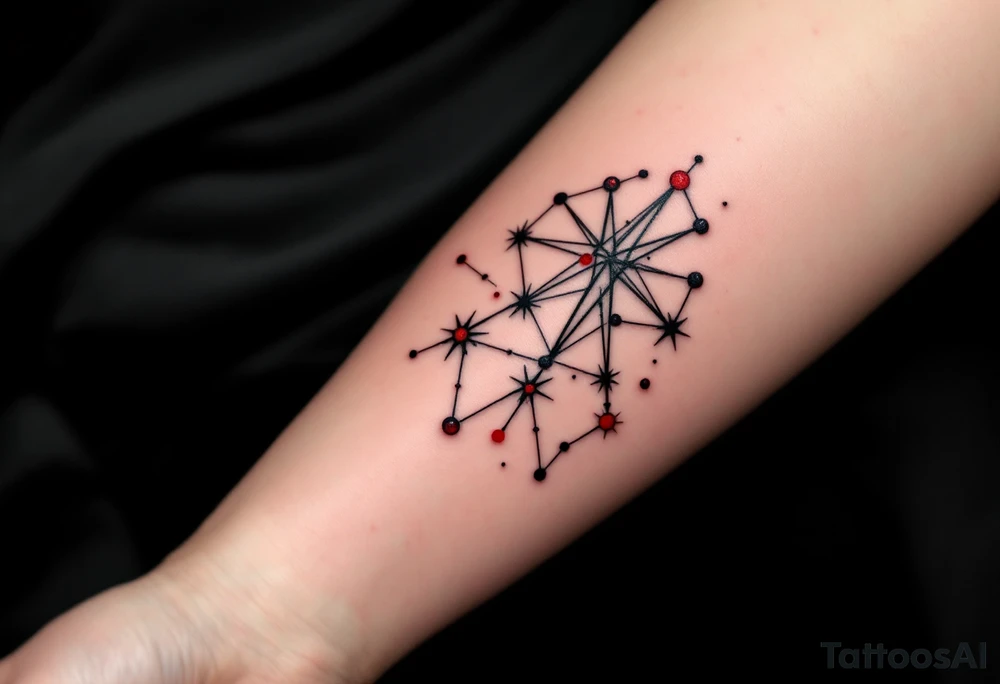 A geometric Capricorn constellation in crisp black ink with vibrant red dots marking each star. tattoo idea