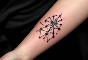 A geometric Capricorn constellation in crisp black ink with vibrant red dots marking each star. tattoo idea