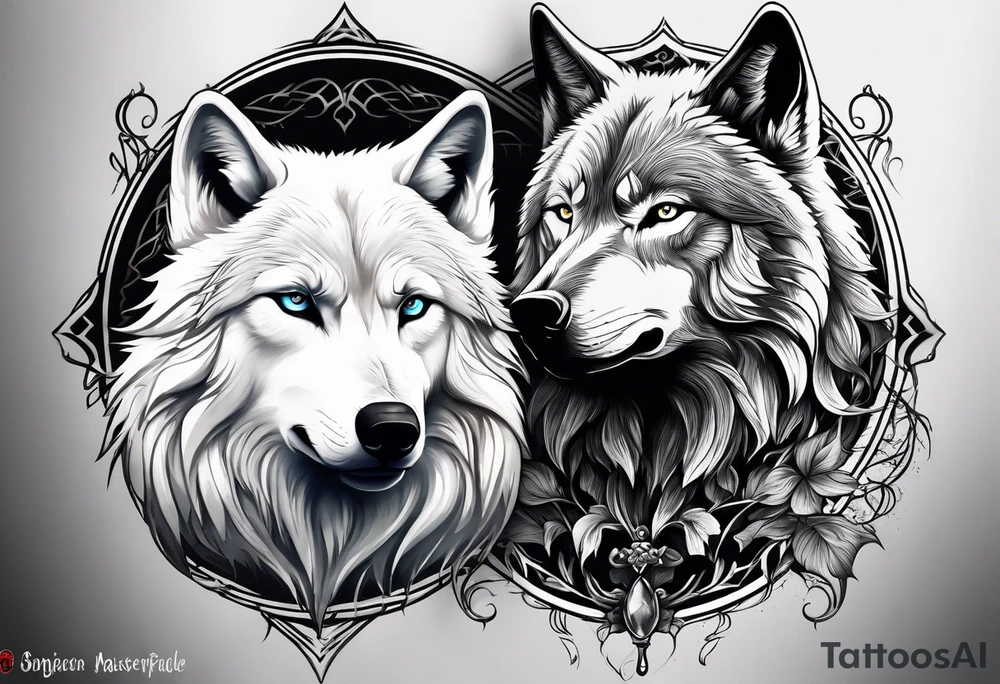 White wolf fading into Black wolf tattoo idea