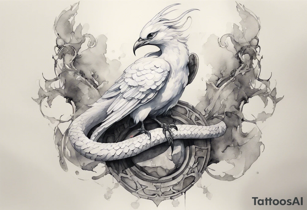 a watercolor of a white bird-serpent hybrid wearing an iron crown, perched upon a stone tattoo idea