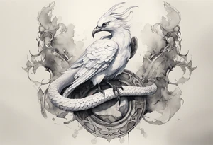 a watercolor of a white bird-serpent hybrid wearing an iron crown, perched upon a stone tattoo idea
