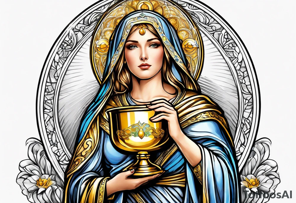 holy saint woman with golden halo holding a chalice tattoo idea