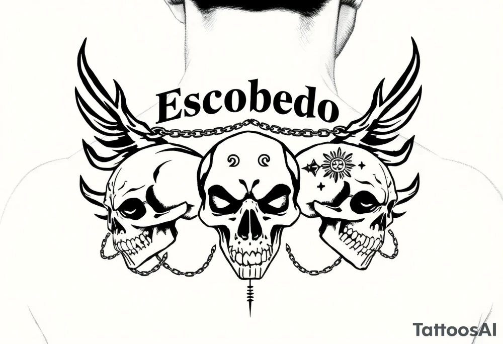 Upper back tattoo in stark emo-punk linework. ‘Escobedo’ carved bold and clean across the shoulders. Black flame arcs rise behind it like wings—sharp, negative space-driven. Between the flames, loose chains drape with motion. Three skulls: cracked on the left, snarling in the center, screaming on the right. Each skull etched with fine Aztec-inspired marks—sunbursts, dots, and sacred lines. No color. No shading. Just fire, bone, and steel inked in symmetry. tattoo idea