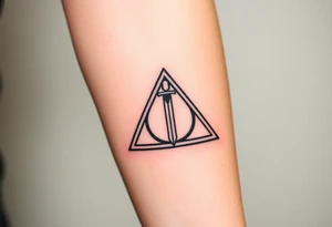 deathly hallows symbol from harry potter with a sword in the middle tattoo idea