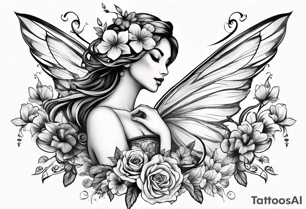 Flying Fairy with flowers tattoo idea
