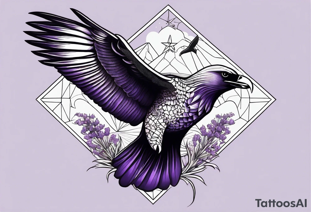 Eagle, with spotted eagle ray and lavender flowers eith the year 1978-2022 tattoo idea