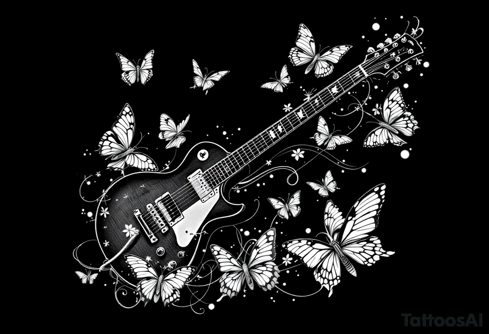 An electric guitar plugged into an amp with 5 butterflies flying around tattoo idea