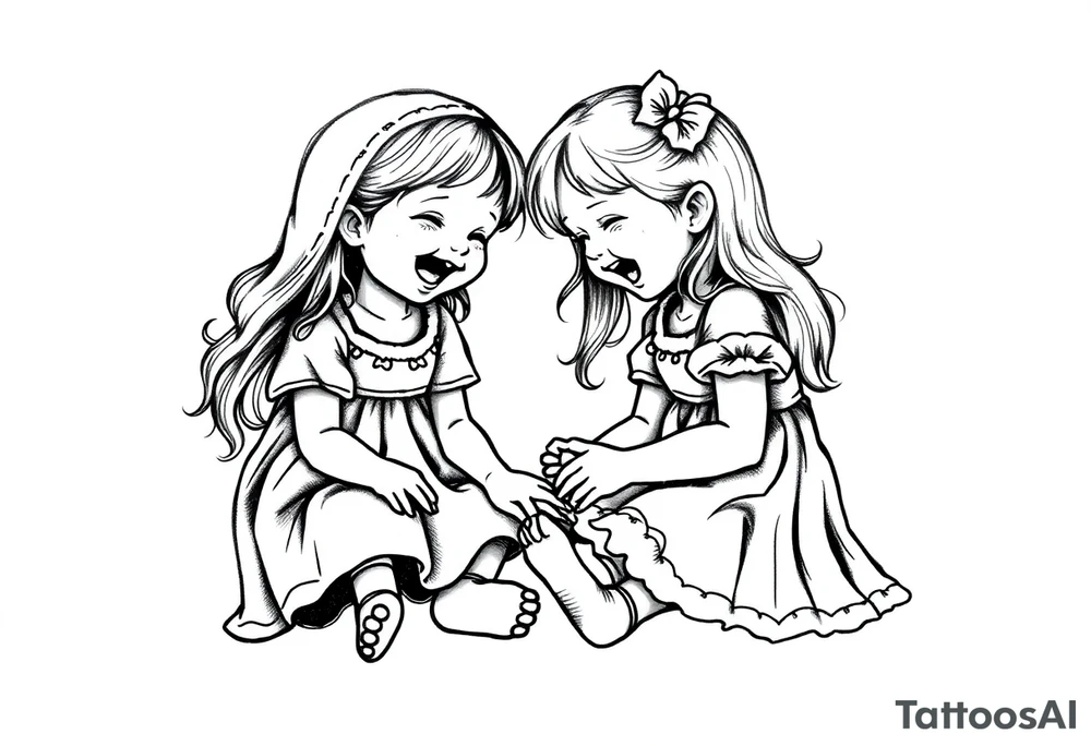 Zwei lachende kleine mädchen sitzen sich gegenüber eine hat einen Dutt die andere einen Zopf und sie berühren sich an den Fußsohlen seitenansicht tattoo idea