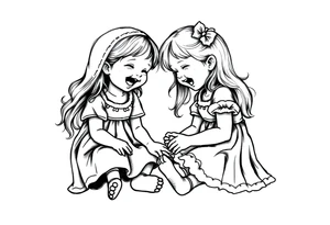 Zwei lachende kleine mädchen sitzen sich gegenüber eine hat einen Dutt die andere einen Zopf und sie berühren sich an den Fußsohlen seitenansicht tattoo idea