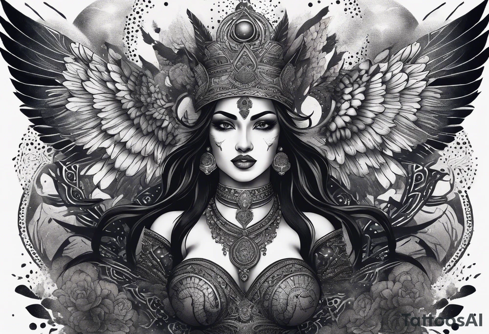 black kali, goddess pirate, alien, angel, pachamama, valkrye, warrior, flying, skull, lotus azul, wing, eagle, zenza resonance, stars, 5D, anahata chakra, death, durga, riding on a tiger, flying lady, kundalini, chest tatoo, samuri, rebel,s erpent tattoo idea