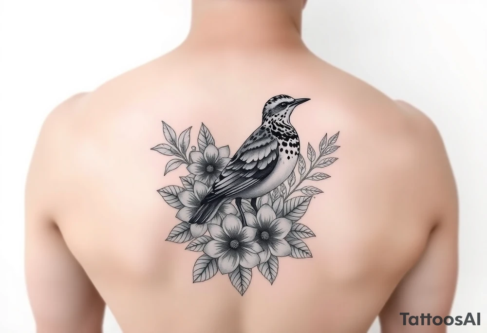 Female pacific golden plover (kolea) bird with heliconia flowers, hibiscus flowers, bird of paradise flowers, beehive ginger, shampoo ginger, red tahitian ginger, surrounded by crown flower lei, puakenikeni lei, and ti leaf lei tattoo idea