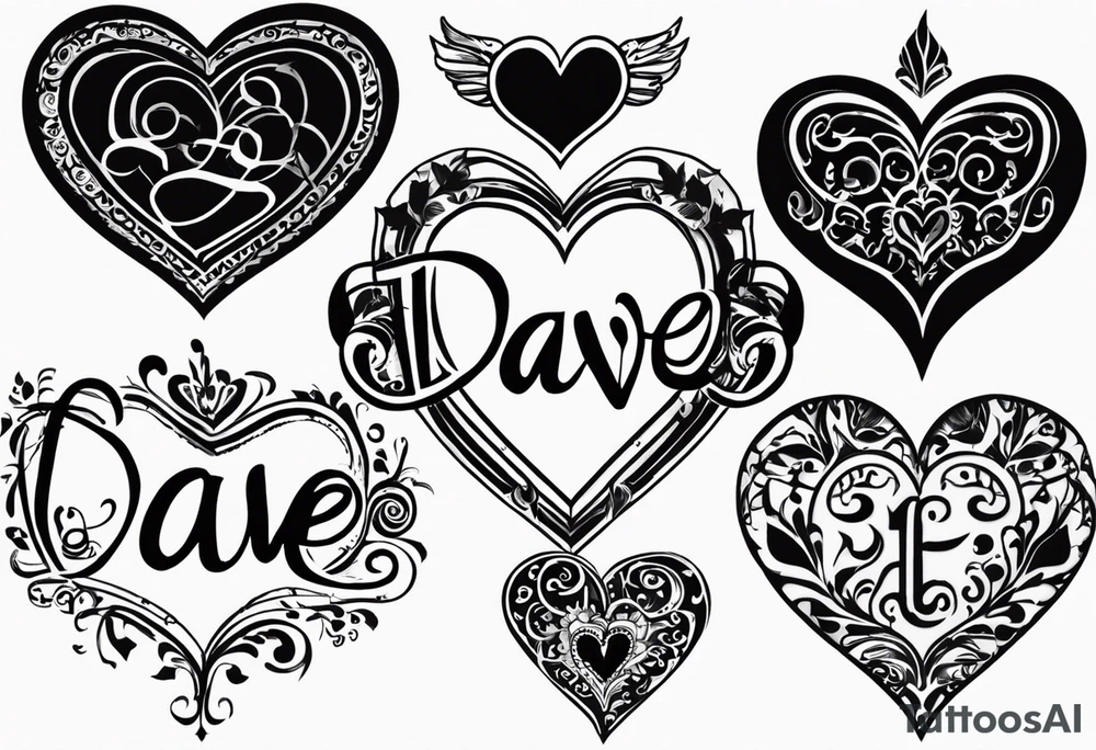 The following Text as a Tattoo "Dave (Heart) Emma 17/01/2015
Imogen (Heart) 12/10/15
Rowan (Heart) 08/10/2018" tattoo idea