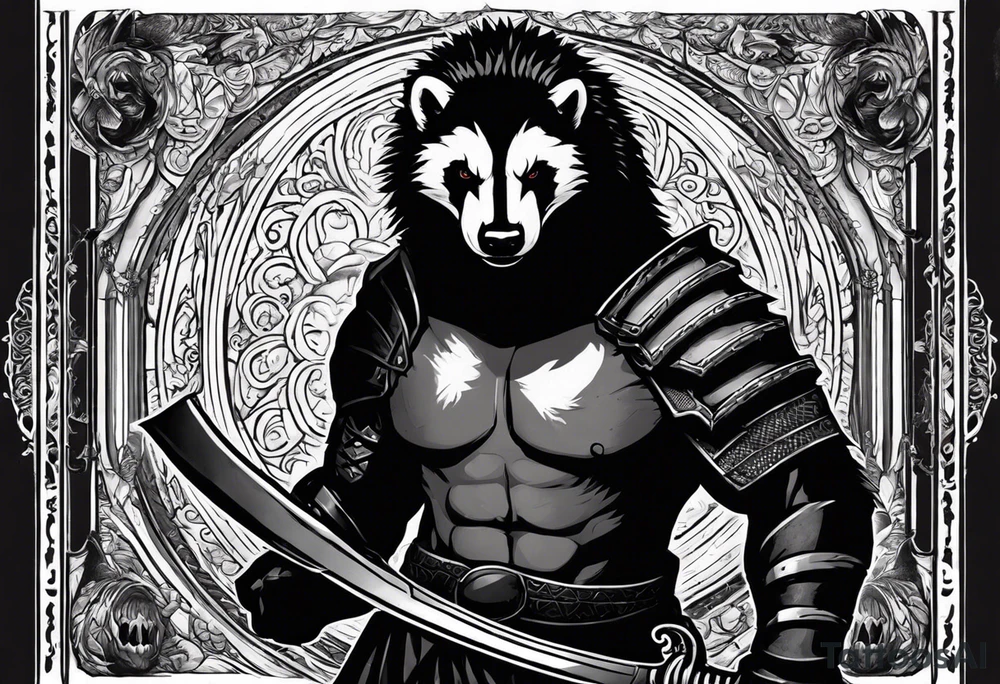 Draw me psychopath Honey Badger/Berserker with aggressive full body, killer face with a scary smile, very long nails and he attacks like a Bloody Assassin/Warrior/Gladiator to us and also, he has very deadly looking. He fights with his nails. Everybody scares after their first sight. Give me horror type Badger Tattoo. I want to see his Realistic full body with no weapons. tattoo idea