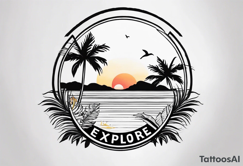 Small Tropical tattoo with hibiscus and sunrise that says explore in delicate script tattoo idea