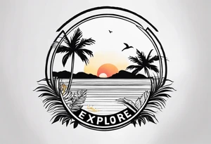 Small Tropical tattoo with hibiscus and sunrise that says explore in delicate script tattoo idea