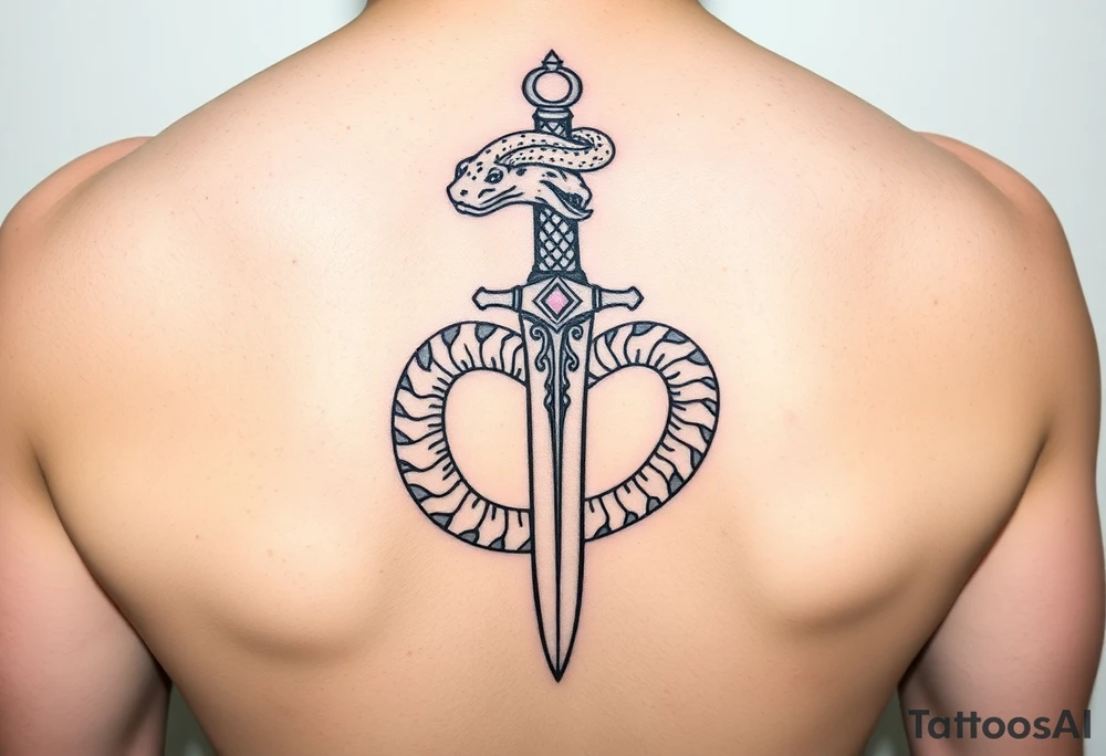 mystical snake coiled around an ancient dagger with jeweled hilt tattoo idea