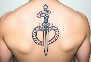 mystical snake coiled around an ancient dagger with jeweled hilt tattoo idea